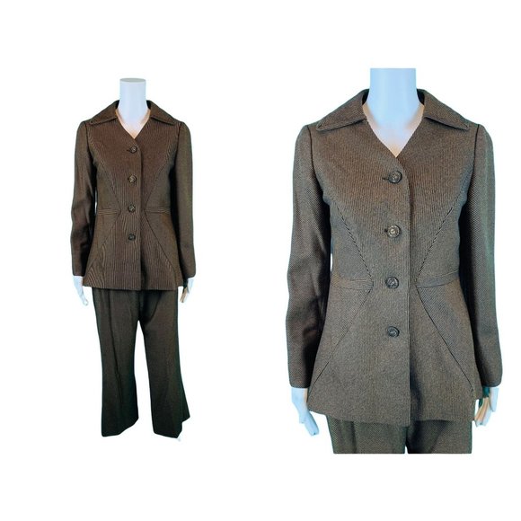 Vintage 70s Suit Set Womens M James Chen Brown Black Striped Pants Blazer Outfit
